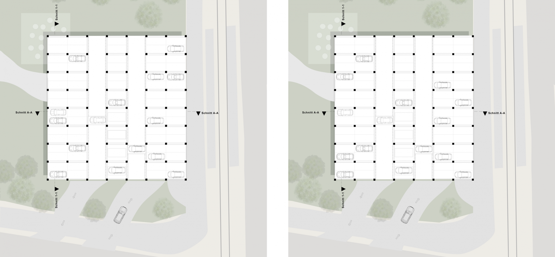 Grundriss 2. und 3. OG mit Nutzung als Parksystem, eine spätere Umnutzung des Raumes z.B. als Büro-/ Wohn- oder Kulturflächen ist angelegt Grundriss 2. und 3. OG mit Nutzung als Parksystem, eine spätere Umnutzung des Raumes z.B. als Büro-/ Wohn- oder Kulturflächen ist angelegt